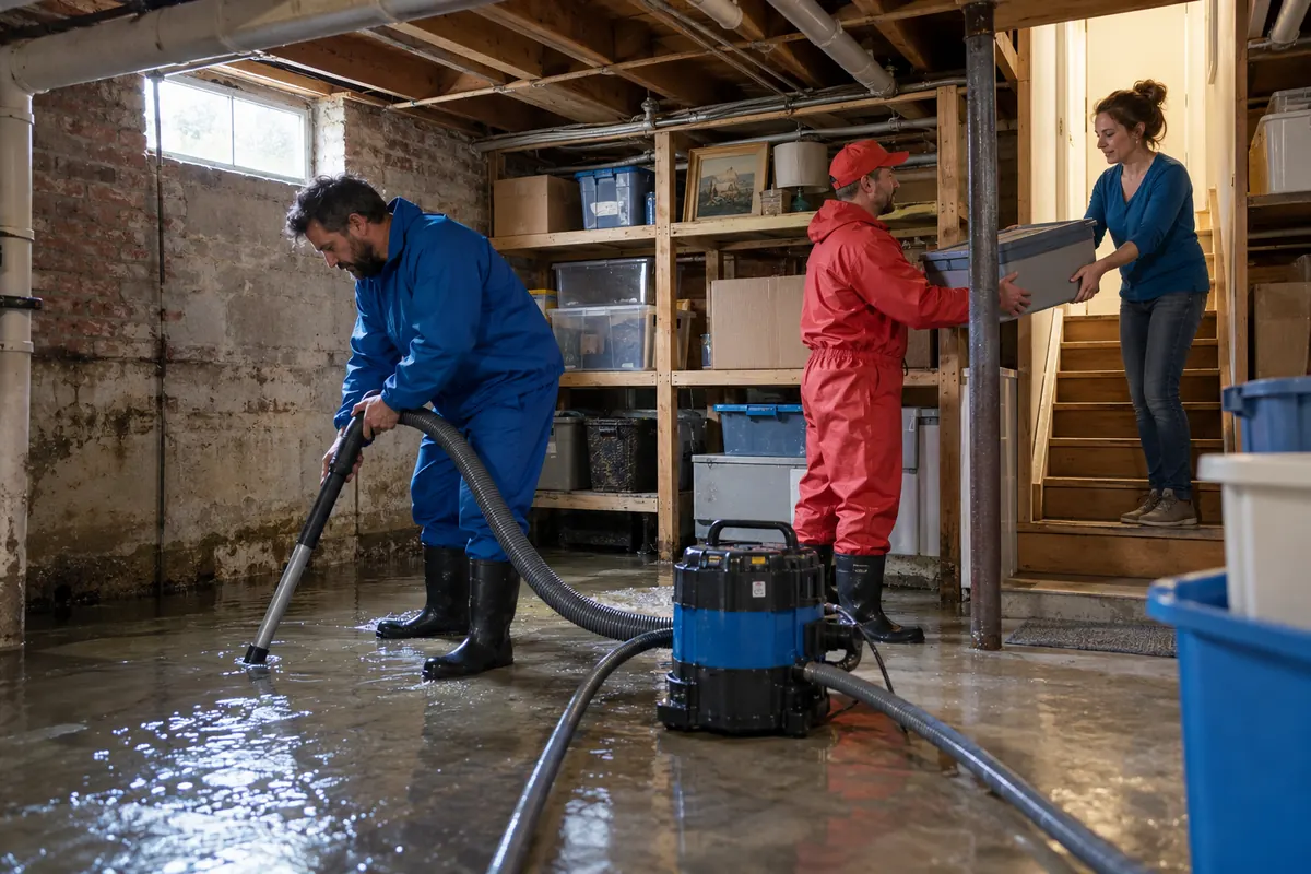 Technician vacuuming a flooded concrete basement floor while a second worker hands a storage tote to a woman on the stairs