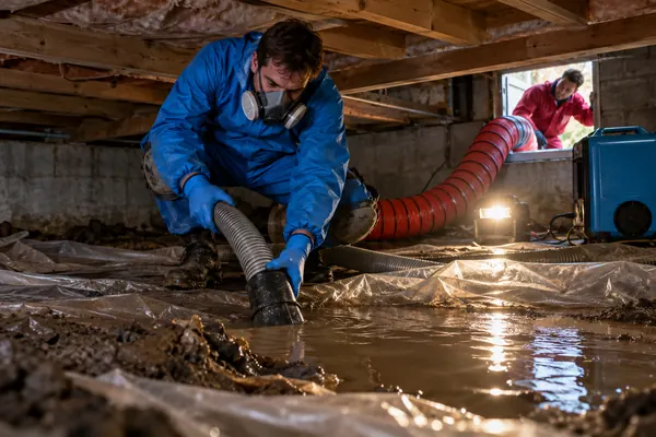 Technician in a respirator pumping muddy standing water in a crawlspace covered in plastic sheeting with a red duct and lamp behind him