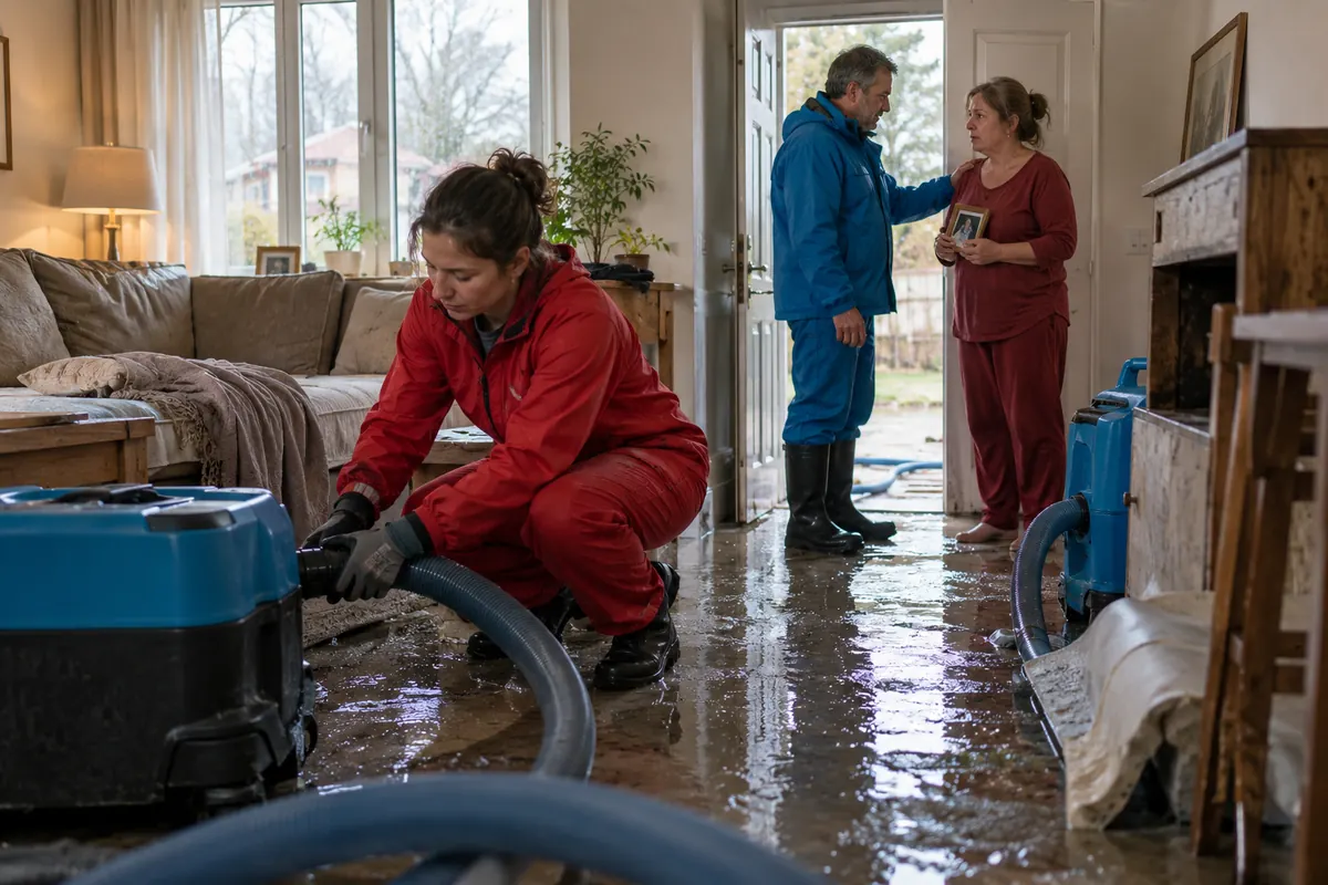 Restoration tech kneeling on a flooded living room floor with a water extractor while two homeowners stand by the doorway