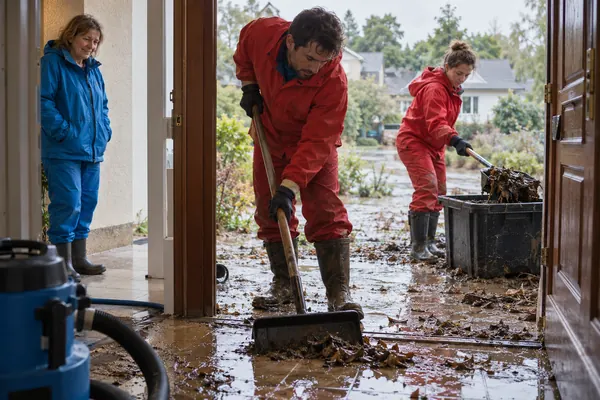 Two workers in red rain gear shoveling mud and leaves from a muddy house entry into a black bin while a homeowner looks on