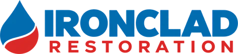 Ironclad Restoration logo with a blue and red water droplet