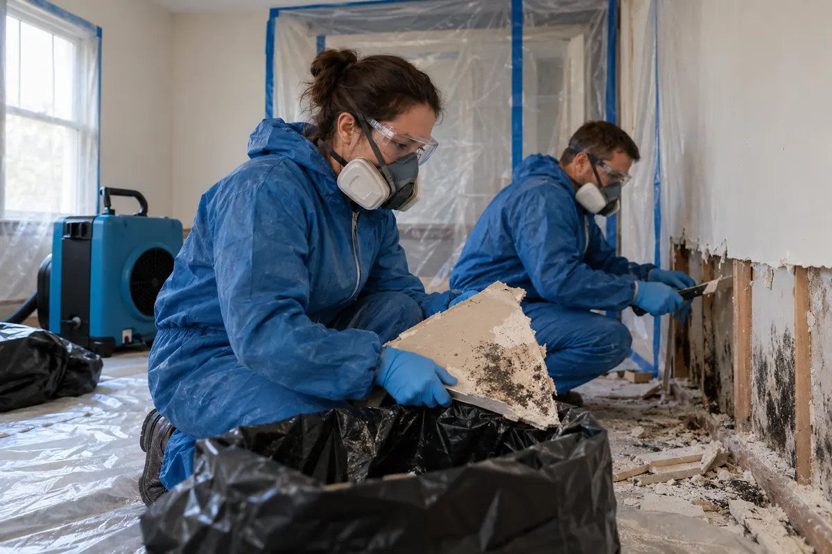 Two crew members in respirators and blue coveralls cutting black mold-stained drywall out of a wall behind plastic containment