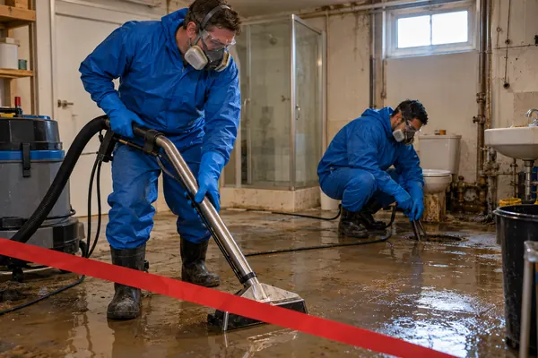 Two technicians in blue coveralls and respirators extracting contaminated water in a basement bathroom behind red barrier tape
