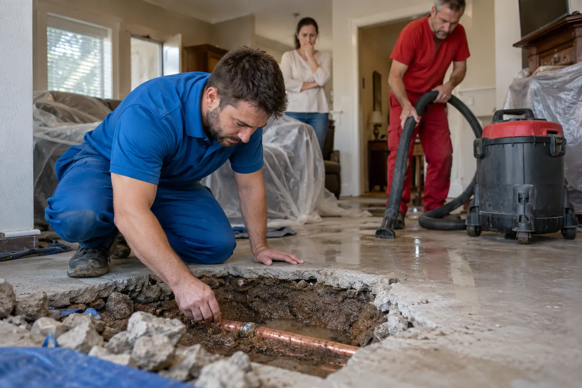 Technician pointing at an exposed copper line in a broken-out concrete slab while a coworker holds a wet vacuum hose in a living room covered in plastic