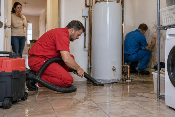 Technician in a red shirt vacuuming a wet tile floor in front of a tank water heater while a coworker inspects a damp wall beside a washer