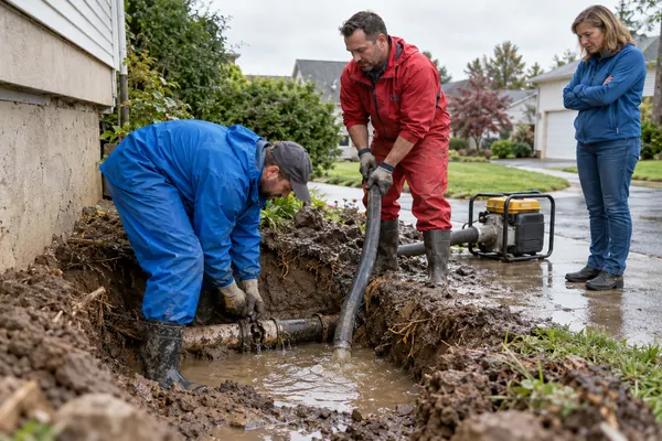 Two workers in a muddy trench beside a house foundation with a pump and hose draining water around an exposed supply pipe while a woman watches